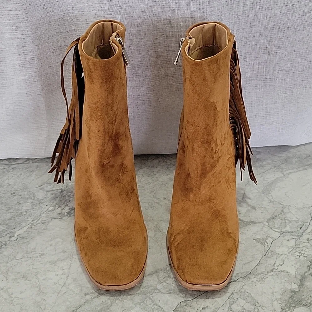 Women's Square Toe Chunky Block Heel Fringe Side Zipper Ankle Boots - Picture 3 of 9